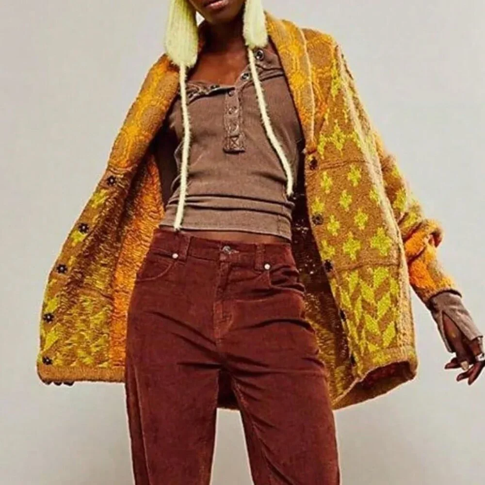 Yellow Casual Women's Oversized Y2k Cardigan Sweater